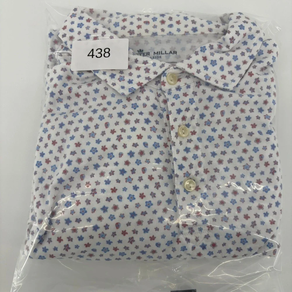 Peter Millar Seaside Mens XL Pima Cotton Floral Polo Shirt White Blue MF21K8